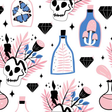 Kusursuz desenli cadı sihirli tasarım elementleri. Cadılar Bayramı geçmişi. Vektör çizgi film illüstrasyonu.