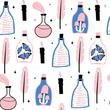 Sihirli, kusursuz desen. Ölüler Günü veya Cadılar Bayramı için vektör tatil illüstrasyonu. Vektör el çizimi resimleme.  