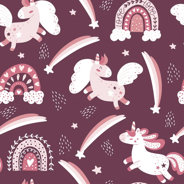 Fondo Mágico Con Pequeños Unicornios Arcoíris Patrón Bebé Moderno Ilustración — Vector de stock