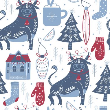 Noel ve Yeni Yıl kusursuz desenler. Paketleme, reklamlar, etiketler ve diğer tasarımlar için modern arkaplan. Vektör el çizimi resimleme.