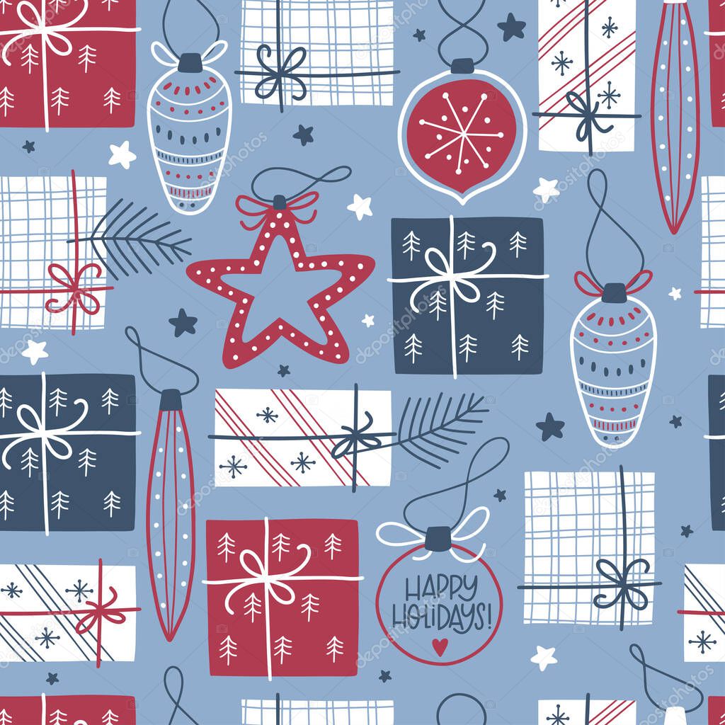 Christmas seamless pattern with gifts and Christmas toys. Christmas design for wrapping paper, fabrics, covers and cards. Vector holiday illustration