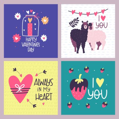 Sevgililer Günü tebrik kartı seti. Sevgililer günü ve düğün için tasarım. Aşk konsepti, vektör illüstrasyonu.