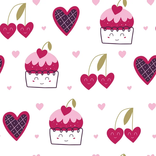 ケーキとバレンタインデーのシームレスなパターン 包装紙 カバー カードのためのロマンチックなデザイン ベクターイラスト — ストックベクタ