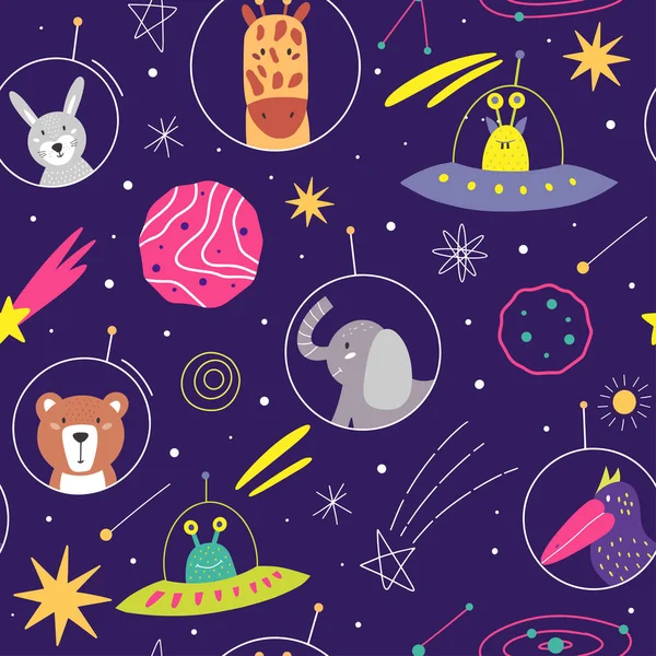 空間手描きカラーベクトルシームレスパターン コスモス探査 宇宙動物の背景 ベクトル漫画イラスト — ストックベクタ