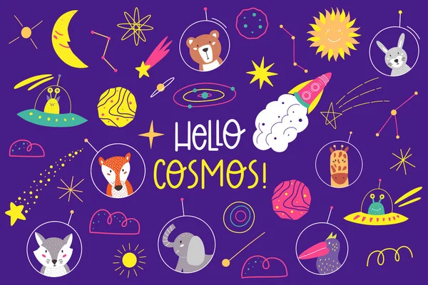 Hola Cosmos Dibujado Mano Letras Vectoriales Exploración Del Cosmos Clipart — Vector de stock