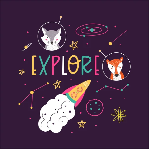 Explorer Lettrage Vectoriel Dessiné Main Exploration Cosmique Fond Décoratif Avec — Image vectorielle