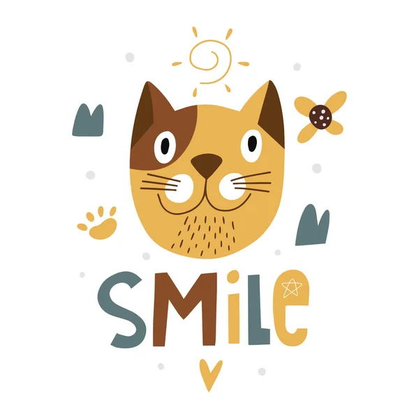 Komik Kedi Gülümse Tipografiye Odaklan Modern Bebek Baskısı Vektör Çizgi — Stok Vektör