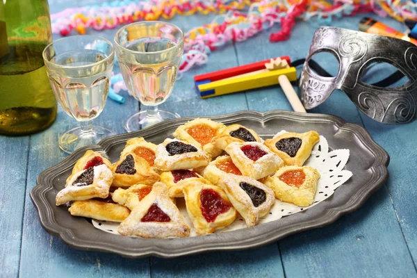 Hemmagjord Hamantaschen Cookies Noise Maker Och Mask För Glad Purim — Stockfoto