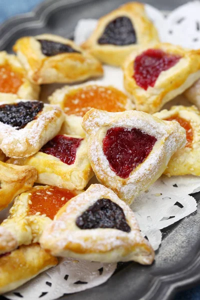 Zelfgemaakte Hamantaschen Cookies Voor Gelukkig Purim Joodse Kerstfeest — Stockfoto