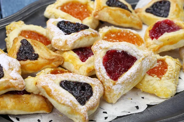 Zelfgemaakte Hamantaschen Cookies Voor Gelukkig Purim Joodse Kerstfeest — Stockfoto