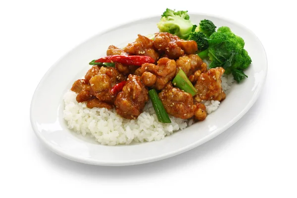 Frango Tsos Geral Com Arroz Cozinha Chinesa Americana Isolada Fundo — Fotografia de Stock