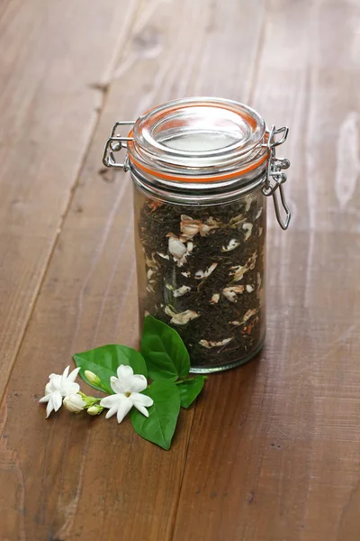 Processo Fabricação Chá Jasmim Chá Verde Perfumado Com Aroma Flores — Fotografia de Stock