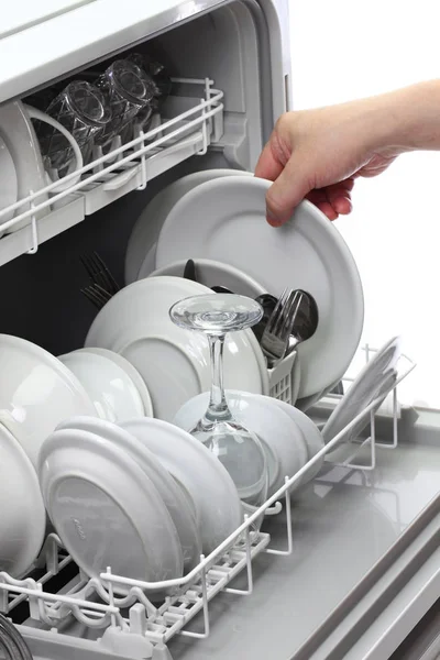 Open Dishwasher Man Hand Taking Out Clean Dish Washing — Stock Photo, Image