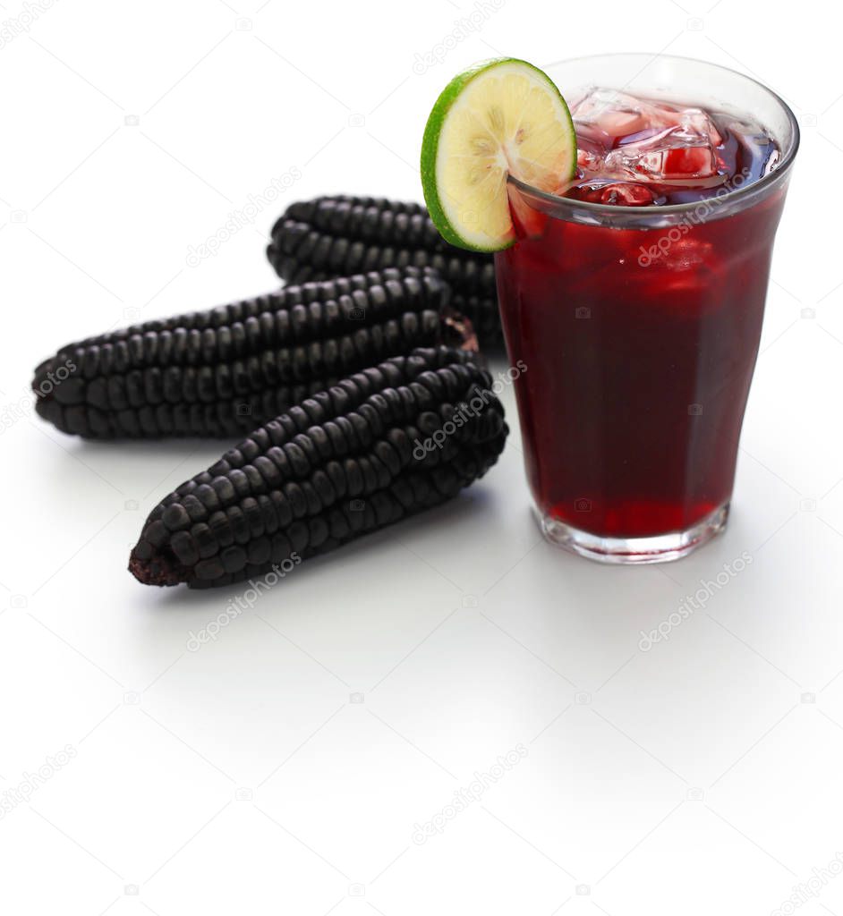 chicha morada, peruvian purple corn drink isolated on white background