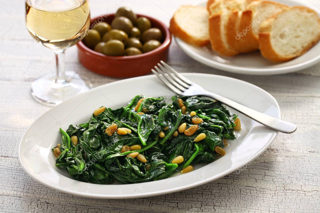 sauteed spinach with raisins and pine nuts, spanish catalan dish
