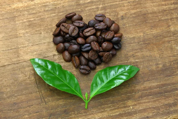 Coração Forma Grãos Café Torrados Folhas Imagem Conceito Comércio Justo — Fotografia de Stock