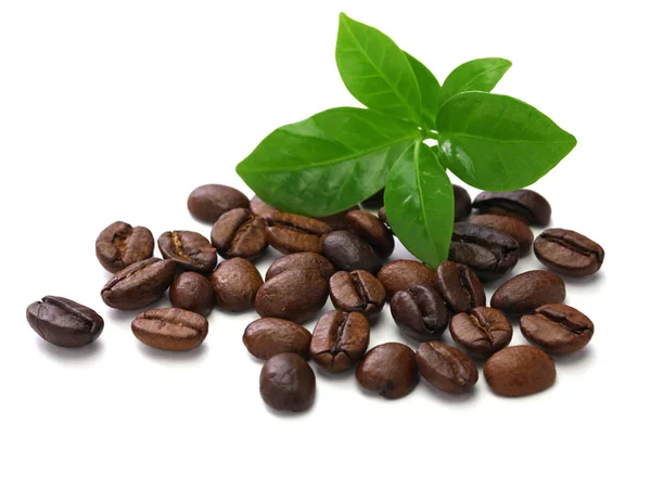 Scattered Roasted Coffee Beans Leaves White Background — Stock Photo, Image