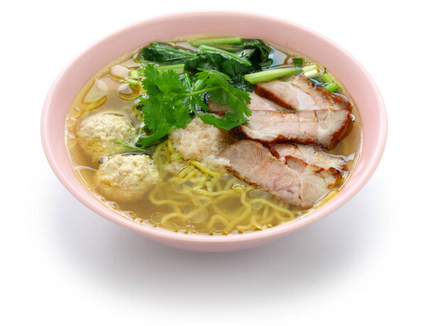 bami nam, egg noodles soup served with roast pork, thai food