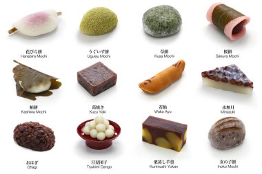 various wagashi, Japanese traditional sweets for tea ceremony  clipart