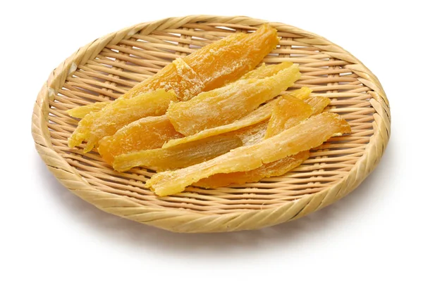 Gedroogde Zoete Aardappel Hoshi Imo Japanse Traditionele Snack Bamboe Mandje — Stockfoto