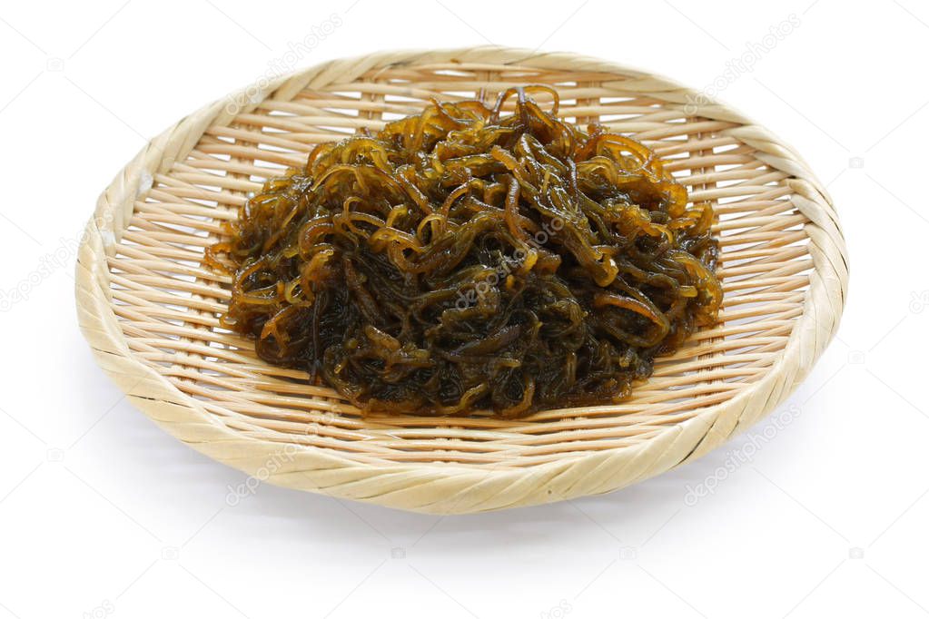 japanese healthy and diet food, edible seaweed, mozuku on a bamboo basket