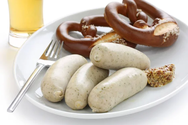 Weisswurst Pretzel Cerveja Comida Alemã Oktoberfest — Fotografia de Stock