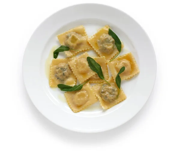 Hemgjord Ravioli Pasta Med Salvia Smörsås Italiensk Mat — Stockfoto