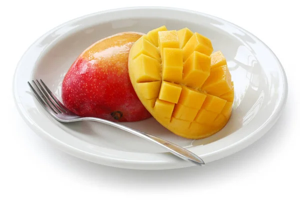 Cube Cut Mango Plate Isolated White Background — Stock Photo, Image