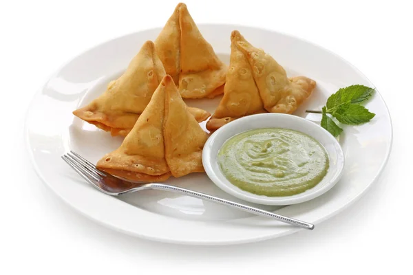 Keema Samosa Fresh Mint Dipping Sauce Indian Food — Stock Photo, Image