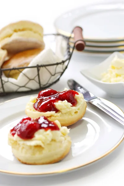 Scone Strawberry Jam Clotted Cream Tea Party Afternoon Tea Buttermilk — Stock Photo, Image