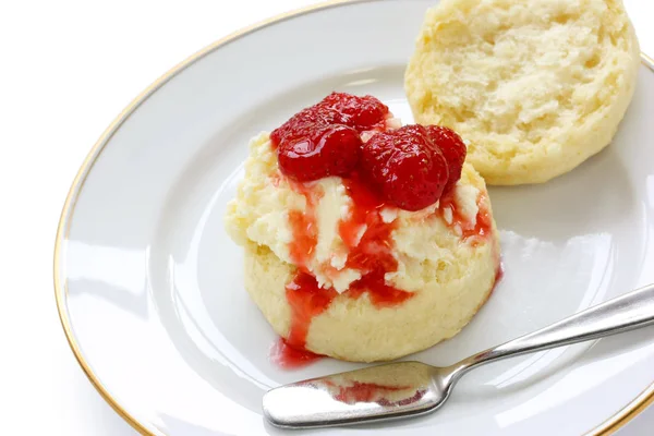 Scone Strawberry Jam Clotted Cream Tea Party Afternoon Tea Buttermilk — Stock Photo, Image