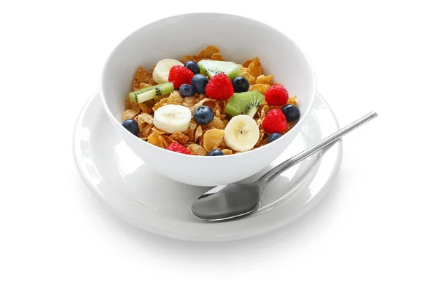 Cereali Colazione Cereali Con Frutta Fresca Latte Isolato Fondo Bianco — Foto Stock