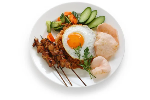 Nasi Goreng Satay Plate Indosian Cuisine Isolated White Background — 图库照片