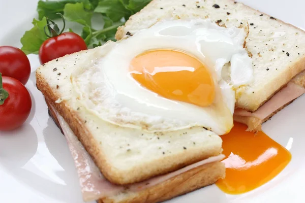 Croque Madame Fransk Varm Skinka Och Ostsmörgås Med Stekt Ägg — Stockfoto