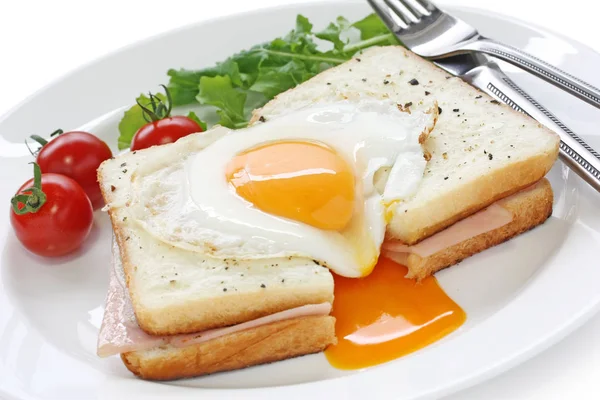 Croque Madame Franse Warme Ham Kaas Sandwich Met Gebakken — Stockfoto