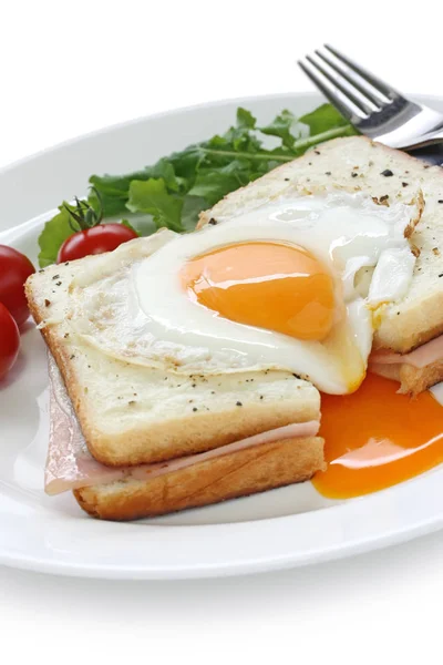 Croque Madame Presunto Quente Francês Sanduíche Queijo Com Ovo Frito — Fotografia de Stock