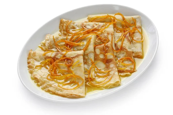 Hausgemachte Crêpes Suzette Französisch Orange Crepe Dessert Isoliert Auf Weißem — Stockfoto
