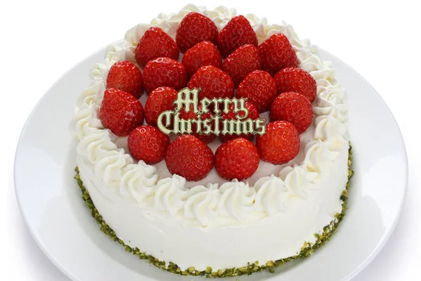 Zelfgemaakte Happy Christmas Aardbei Spons Cake — Stockfoto