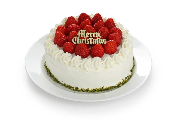 Homemade Happy Christmas Strawberry Sponge Cake — Stock Photo, Image