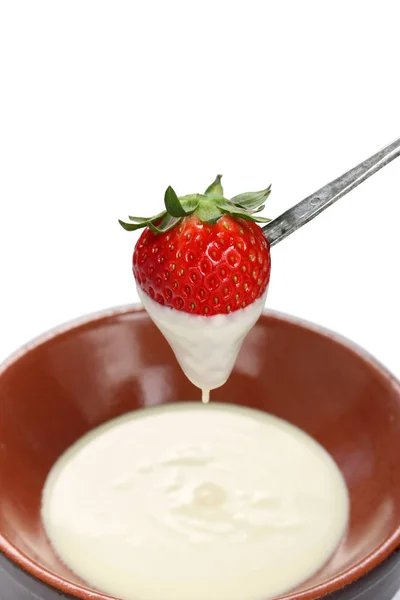 Erdbeere Weißes Schokoladenfondue Getaucht — Stockfoto