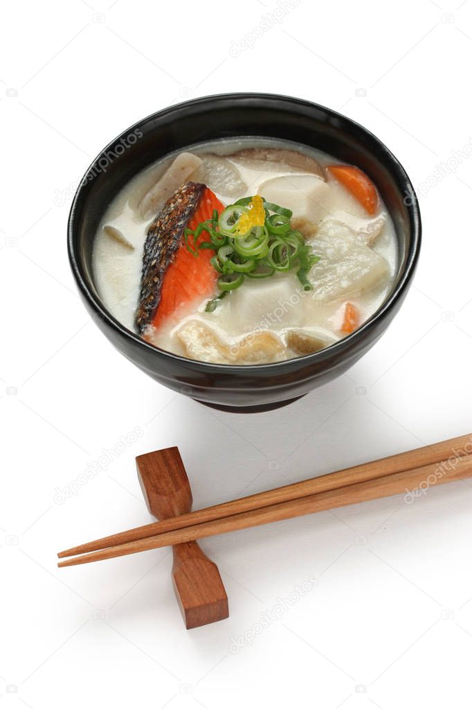 kasu jiru , japanese soup with salmon and sake lees