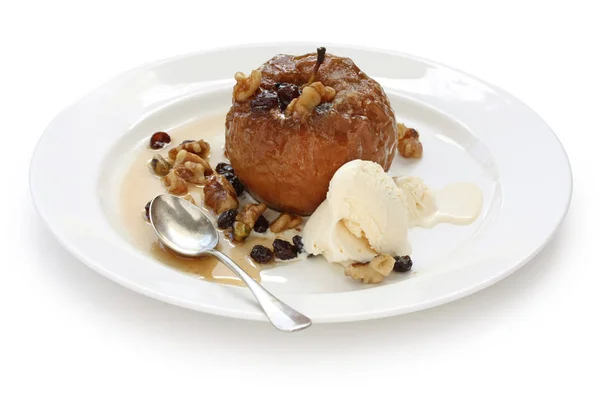 Manzana Horneada Casera Con Helado Aislado Sobre Fondo Blanco —  Fotos de Stock