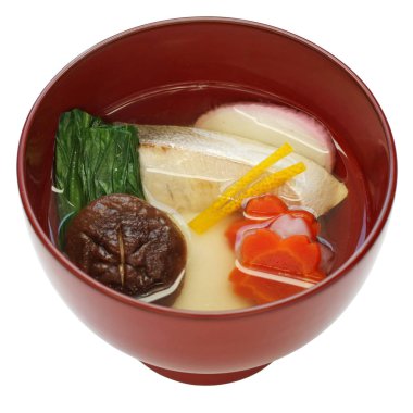 Zouni, çorbada pişmiş pirinç keki, geleneksel Japon yeni yıl yemeği.