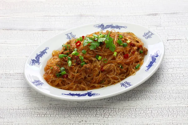 Vermicelli Salteado Picante Con Cerdo Picado Plato Clásico Sichuan Cocina — Foto de Stock