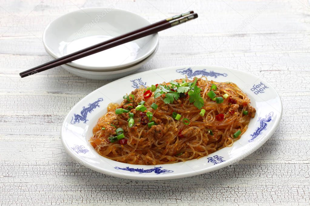 spicy stir fry vermicelli with minced pork, classic Sichuan dish in chinese cuisine called 