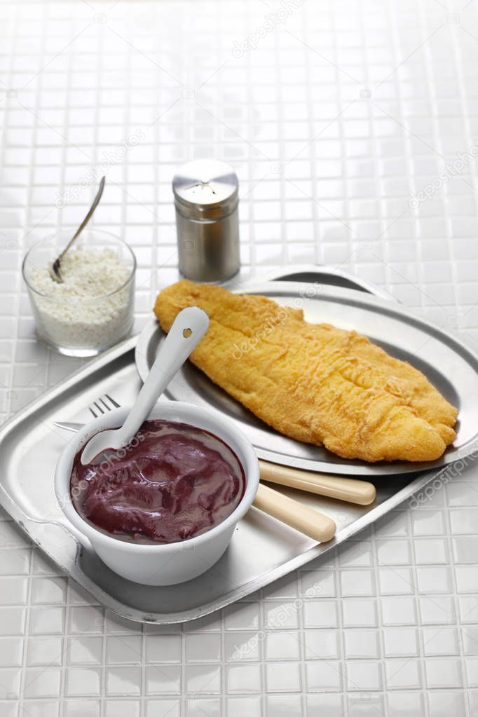 acai and fried catfish, brazilian food from amazon basin