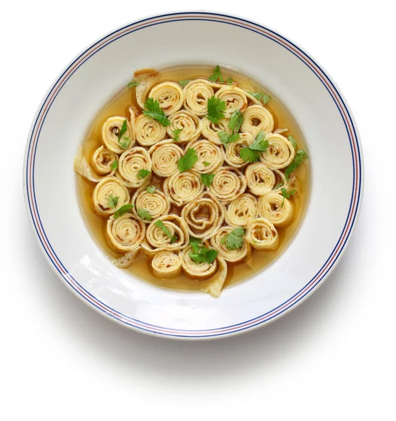Austrian and south germany sliced pancake soup, frittatensuppe, pfannkuchensuppe — Stock Image Austrian South Germany Sliced Pancake Soup Frittatensuppe Pfannkuchensuppe Stock Photo