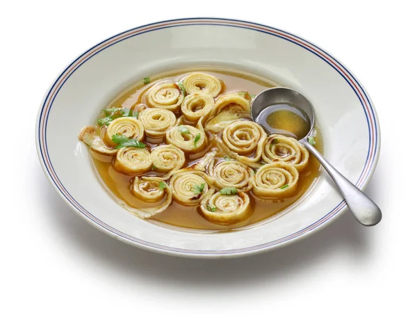 Austrian and south germany sliced pancake soup, frittatensuppe, pfannkuchensuppe — Stock Image Austrian South Germany Sliced Pancake Soup Frittatensuppe Pfannkuchensuppe Stock Image
