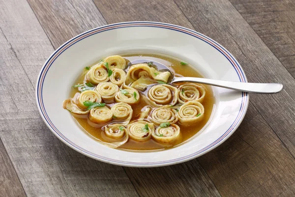 Austrian and south germany sliced pancake soup, frittatensuppe, pfannkuchensuppe — Stock Image Austrian South Germany Sliced Pancake Soup Frittatensuppe Pfannkuchensuppe Royalty Free Stock Images