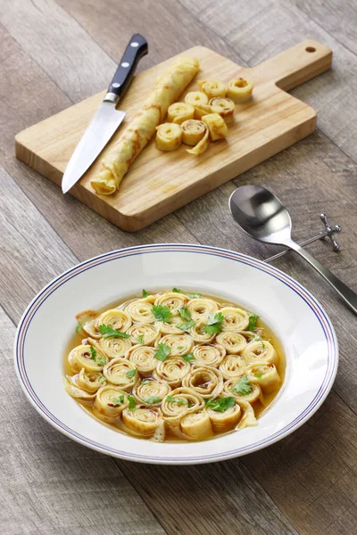 Austrian and south germany sliced pancake soup, frittatensuppe, pfannkuchensuppe — Stock Image Austrian South Germany Sliced Pancake Soup Frittatensuppe Pfannkuchensuppe Stock Photo